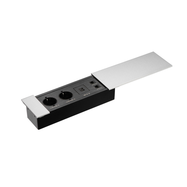 Удлинитель механический 728К 2 евро 2 USB-А + 2 RJ-45 (Ethernet), выдвижная панель Серебро Мебакс