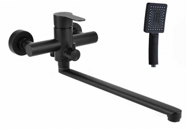 Смеситель для ванны HUGG 12223 Чёрный матовый с длинным изливом и лейкой OSGARD