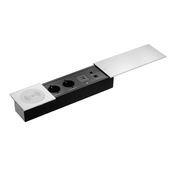 Удлинитель механический 735К 2 евро беспров.зар. 2 USB-А +2 RJ-45 (Ethernet), выдвиж. панель Серебро