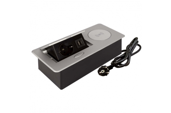 Удлинитель встраиваемый 1 гнездо 2 USB беспроводная зарядка Серый SETE